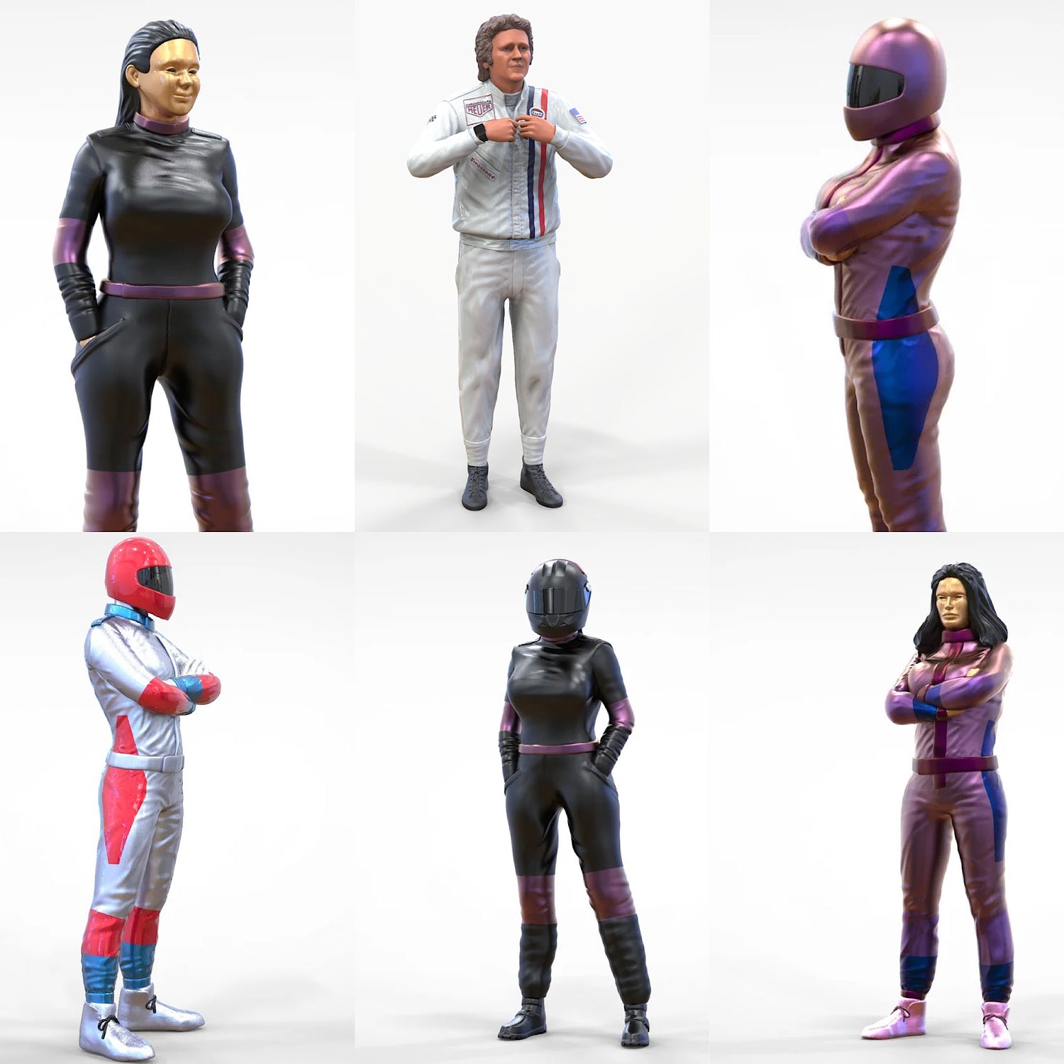 Uma colagem com seis miniaturas que representam pilotos e pilotoas com e sem capacete, vestindo trajes de corrida completos.