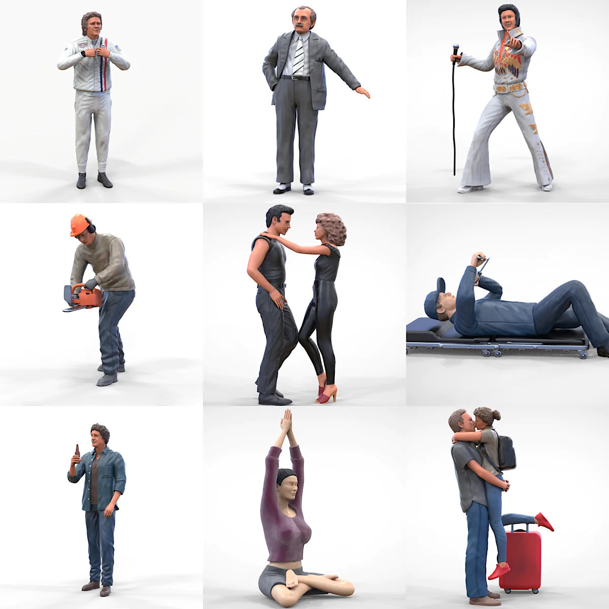 Montagem com 9 figuras de miniatura de diorama: incluindo um casal dançando, um cantor com microfone, um trabalhador com motosserra, uma mulher em posição de yoga, um casal se despedindo, um mecânico e um homem de negócios de terno.
