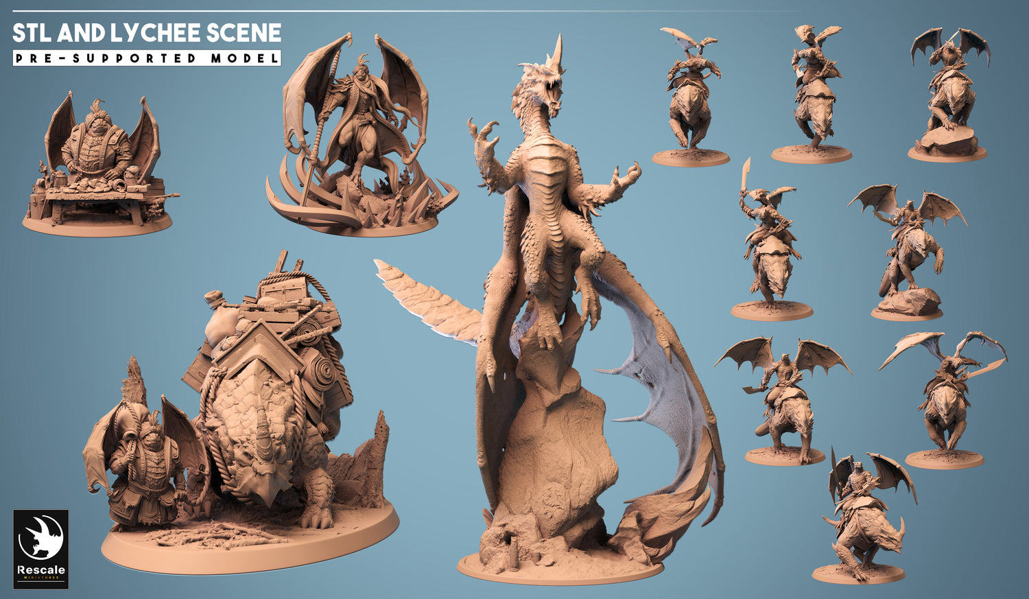 Dieses Bild ist das Kategoriebild für das Release 23_09: Sultan Of Scales - Rescale 3D-gedruckte Drachen und Drachengeborene