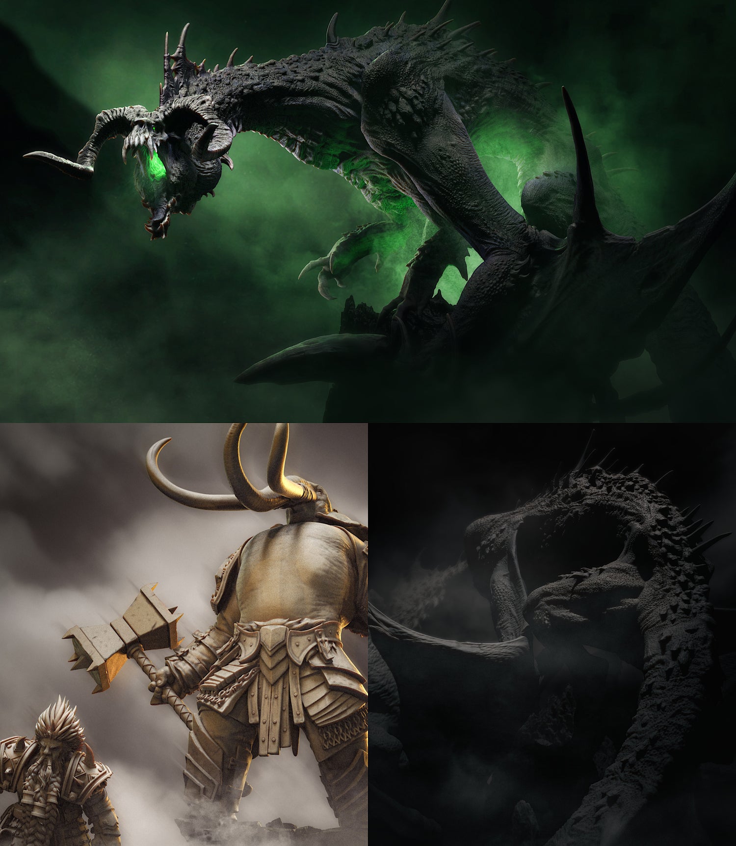 Imagem da categoria para miniaturas de tabletop 28mm: Lord of the Print. Colagem de figuras impressas em 3D de vários modelos de dragões.