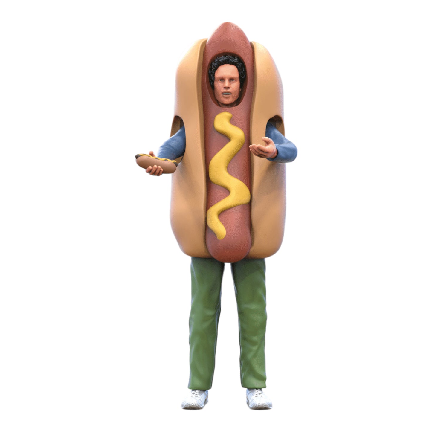 Produktová fotografie dioráma a modelářská miniatura: Prodavač hot dogů v kostýmu hot dogu