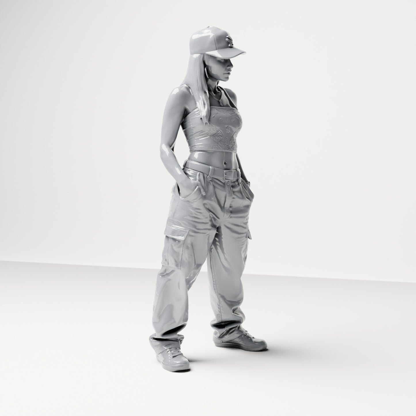 Diorama Modellbau Produktfoto 3: Stehende Figur: Frau mit Basecap, bauchfreiem Top & Cargo-Hose, Hände in Hosentaschen (B031)