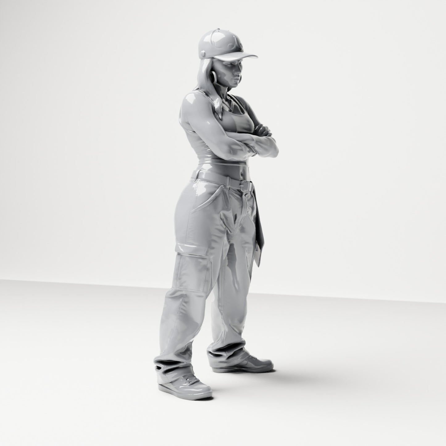Diorama Modellbau Produktfoto 3: Stehende Figur: Person mit Basecap, kurzem Top, weiter Hose & Sneakers, Arme verschränkt (B033)