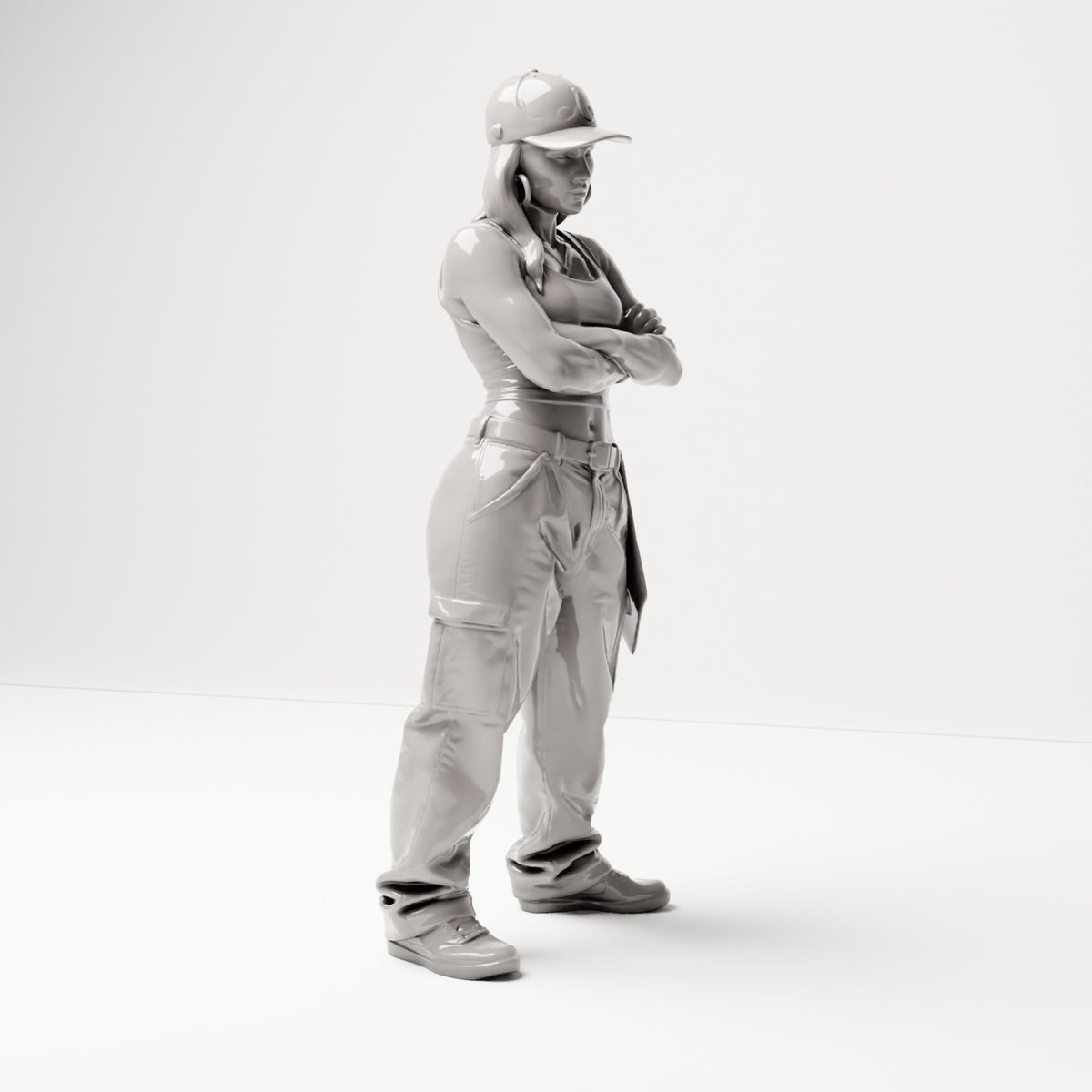 Stehende Figur: Person im Hip-Hop-Style mit Basecap, kurzem Top, weiter Hose & Sneakers, Arme verschränkt (B033) - rechte Seitenansicht