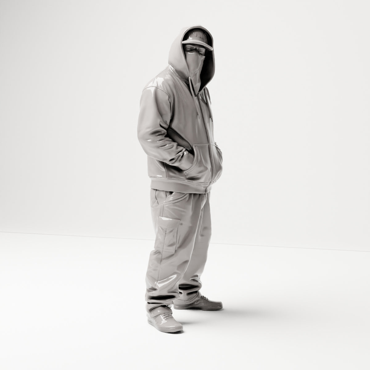Stehende Figur: Person im Hip-Hop-Style mit Kapuzenjacke, Basecap & Gesichtstuch, Hände in den Taschen (B034) - rechte Seitenansicht