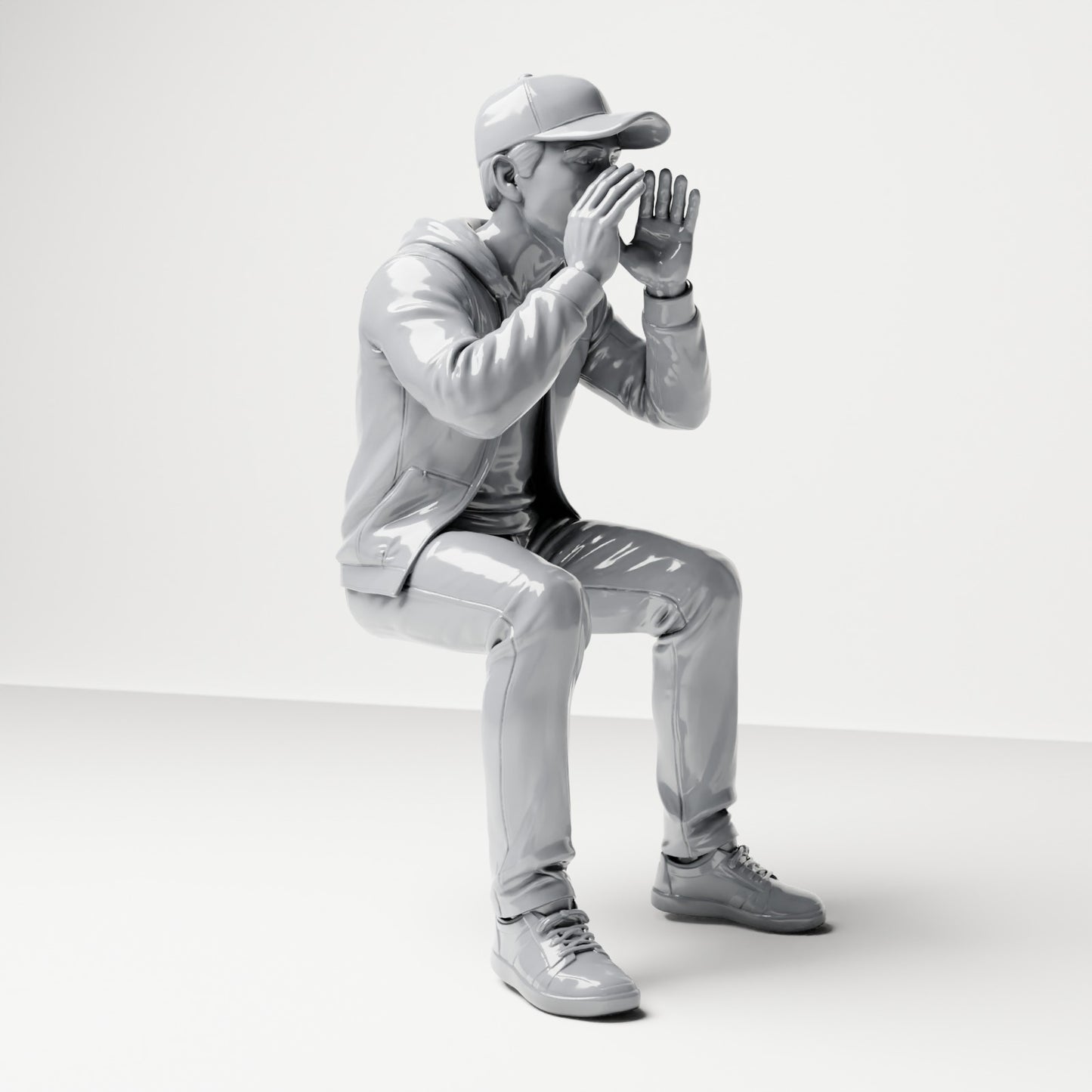Foto prodotto di modellismo per diorama 3: figura seduta, spettatore che chiama con le mani alla bocca (B060)