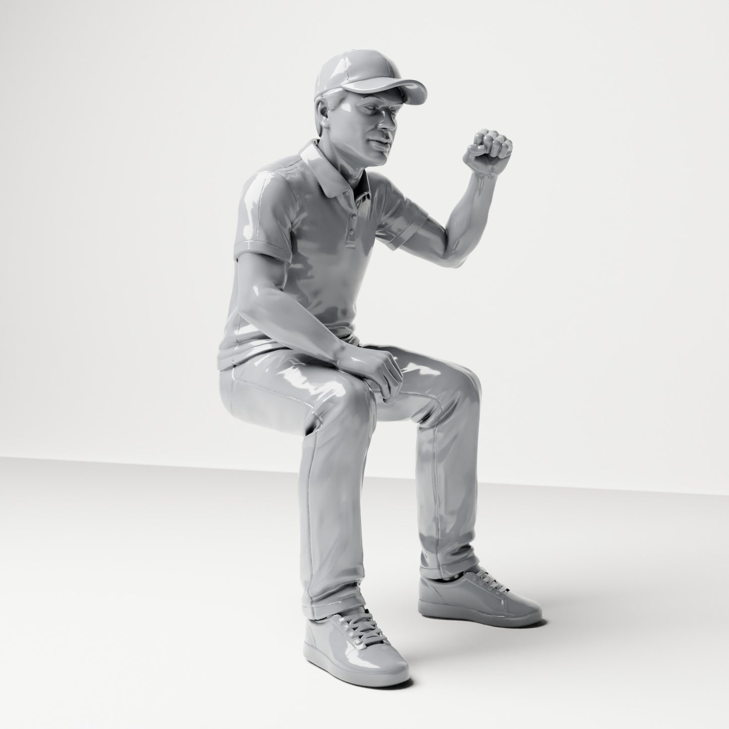 Diorama Modellbau Produktfoto 3: Sitzende Figur: Männlicher Zuschauer mit erhobener geballter Faust (B065)
