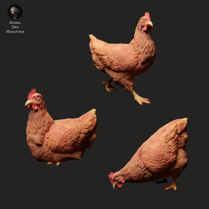 Produktová fotografie zvířecí figurky diorama, modelářství: 0: Farmářské zvířecí figurky: 3 slepice - jedící, sedící a běžící