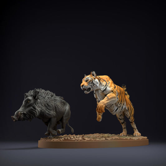 Produktfoto Tier Figur Diorama, Modellbau: 0: Wildtier Figuren: Bengalischer Tiger und Indisches Wildschwein – Jagdszene (Ref 01_01_81)