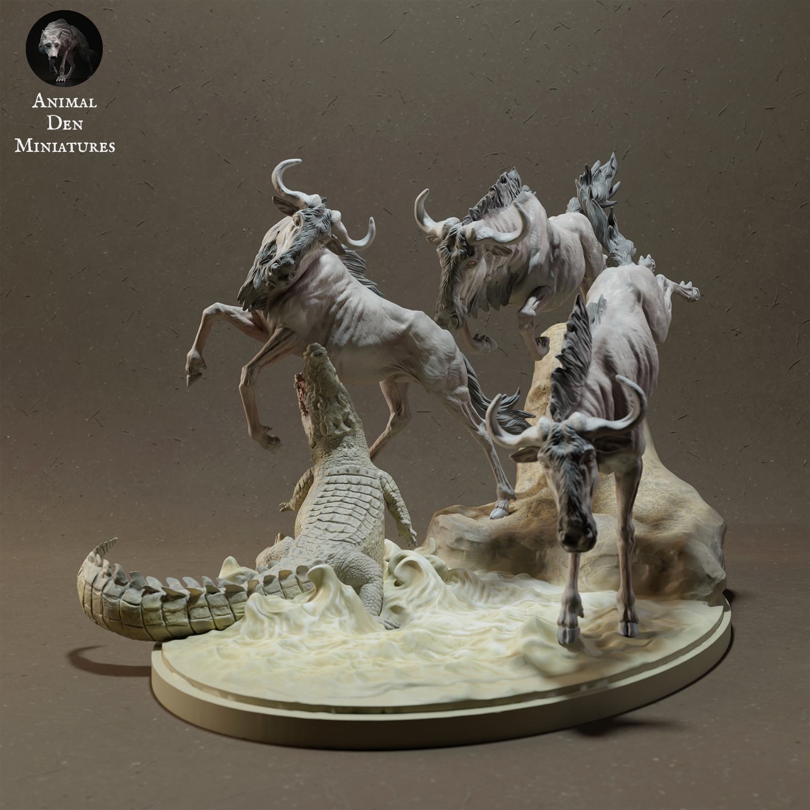 Zdjęcie produktu Figurki zwierzęcia Diorama, Modelarstwo: 0: Figurki zwierząt sawanny: Gnu podczas przekraczania rzeki z krokodylem nilowym (Ref 01_01_41)