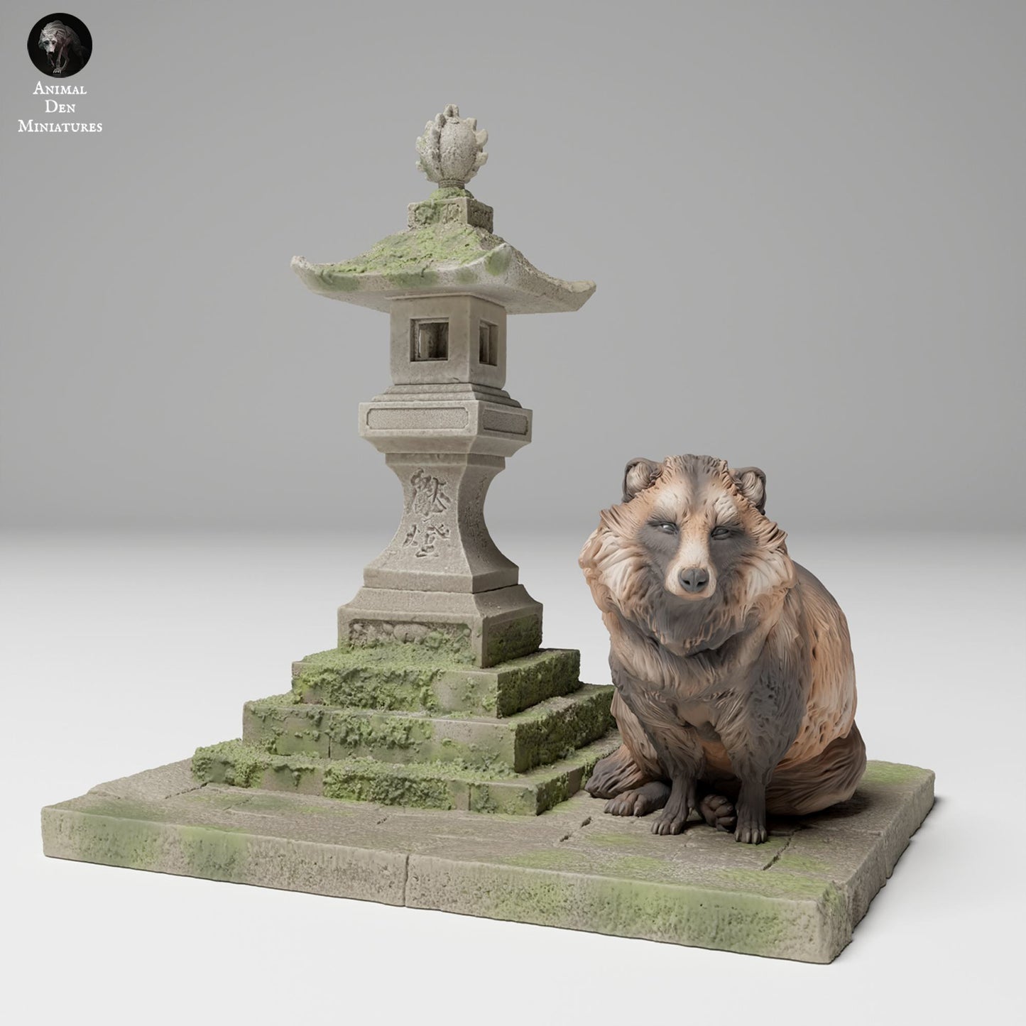 Produktová fotografie zvířecí figurky dioráma, modelářství: 0: Divoká zvířecí figurka: Tanuki vedle japonské lampy (Ref 24_11_04)