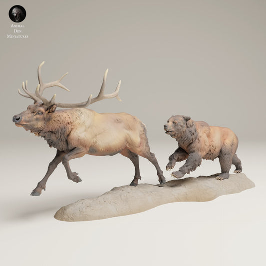 Foto do produto da figura de animal em diorama, modelismo: 0: Figura de animal selvagem: Grizzly a caçar Wapiti das Montanhas Rochosas (Ref 25_06_13)