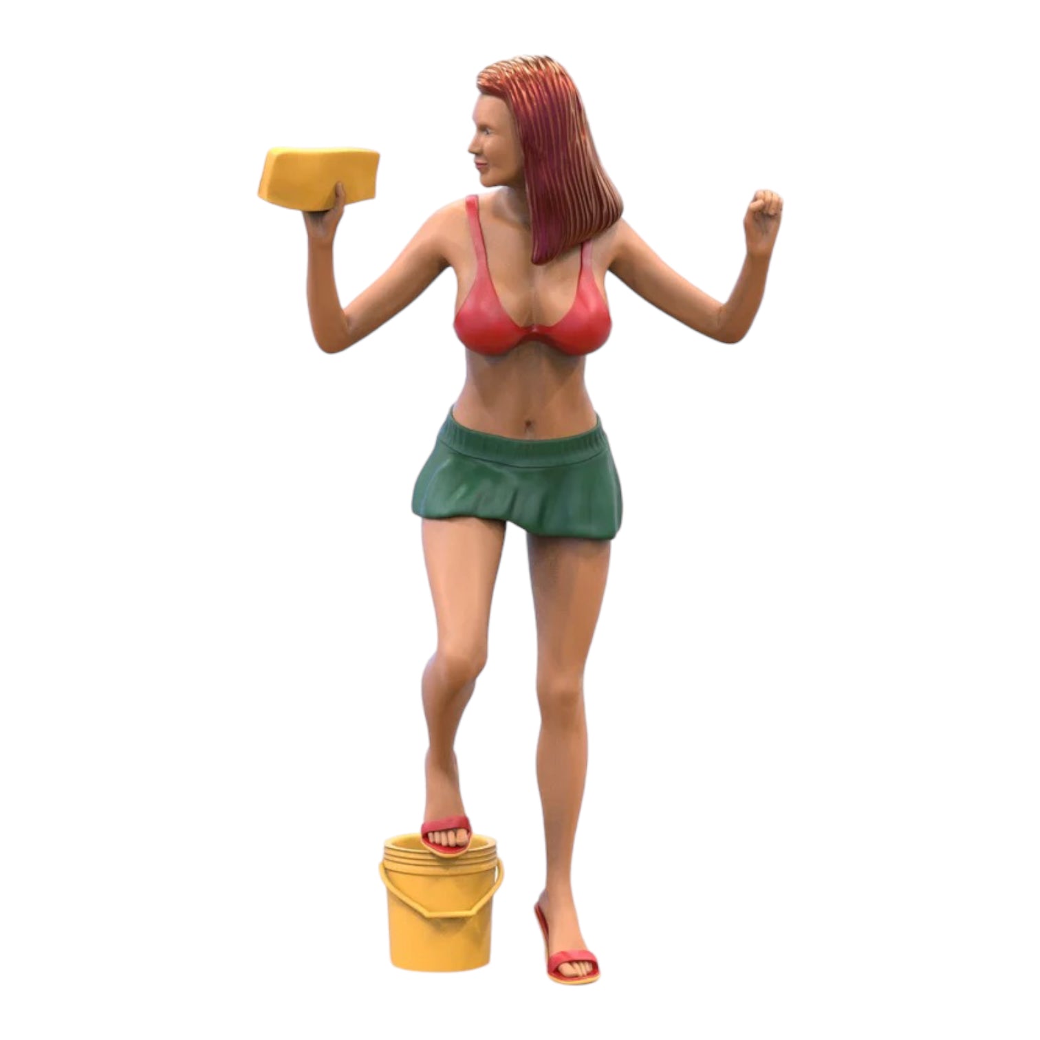 Product photo diorama and model building miniature figure: Carwash Girl 3 - Car washer with sponge and bucket