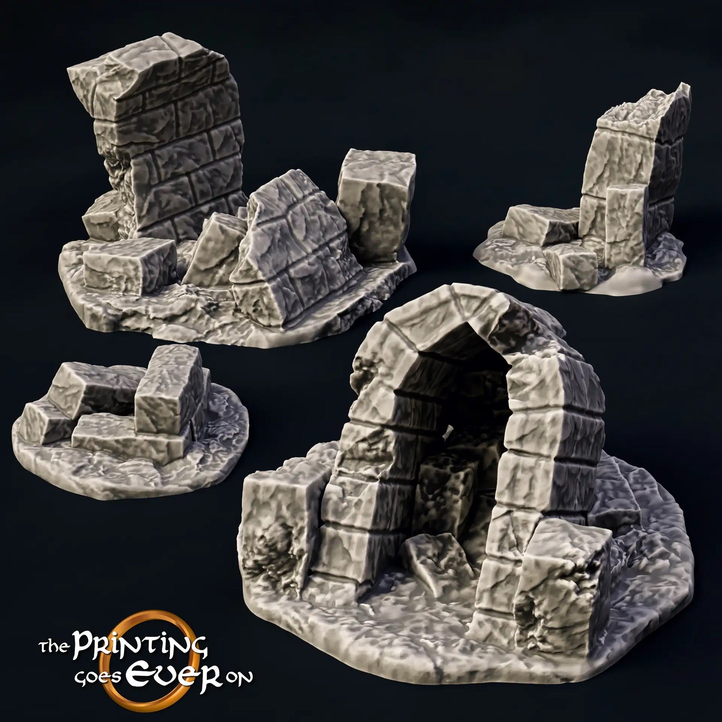 Foto do produto Tabletop 28mm The Printing Goes Ever On (TPGEO) 0: Ruínas A-D - Destroços de uma cidade medieval - Restos de uma muralha, entulho e pilhas de pedras