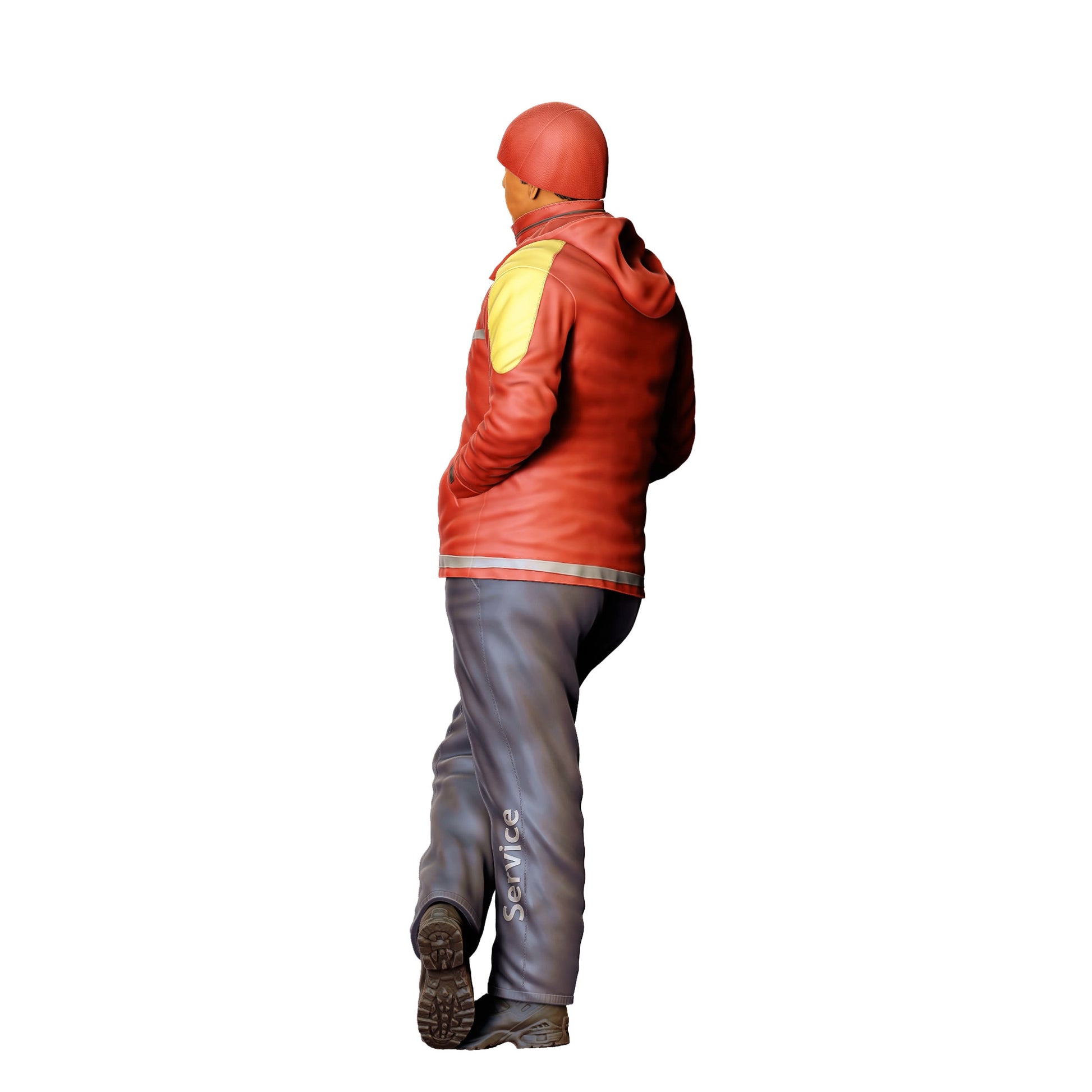 Diorama Modellbau Produktfoto 0: Tankstellen Servicekraft in Winterjacke – Figur mit Händen in den Taschen (Ref. Nr. 433)