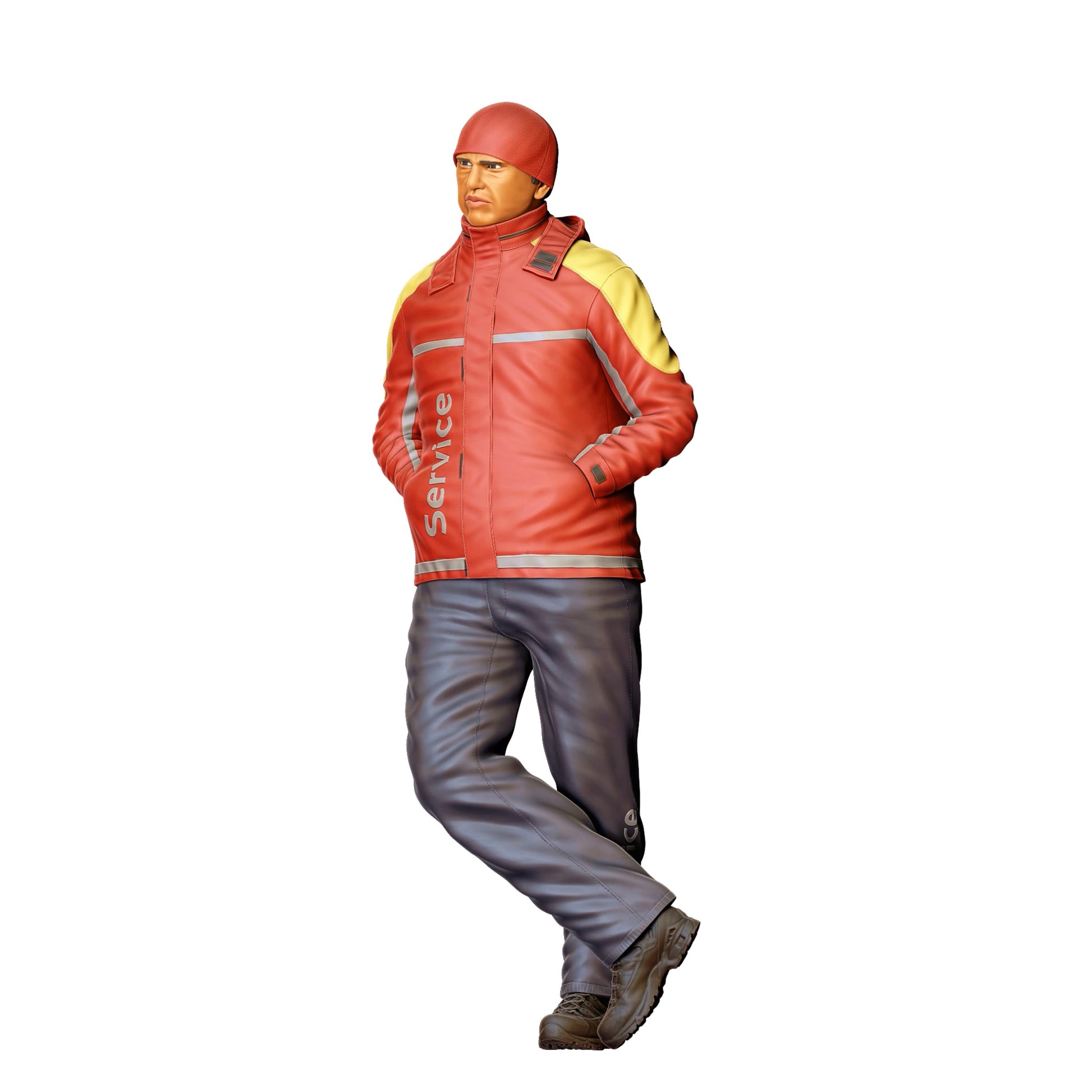 Diorama Modellbau Produktfoto 0: Tankstellen Servicekraft in Winterjacke – Figur mit Händen in den Taschen (Ref. Nr. 433)