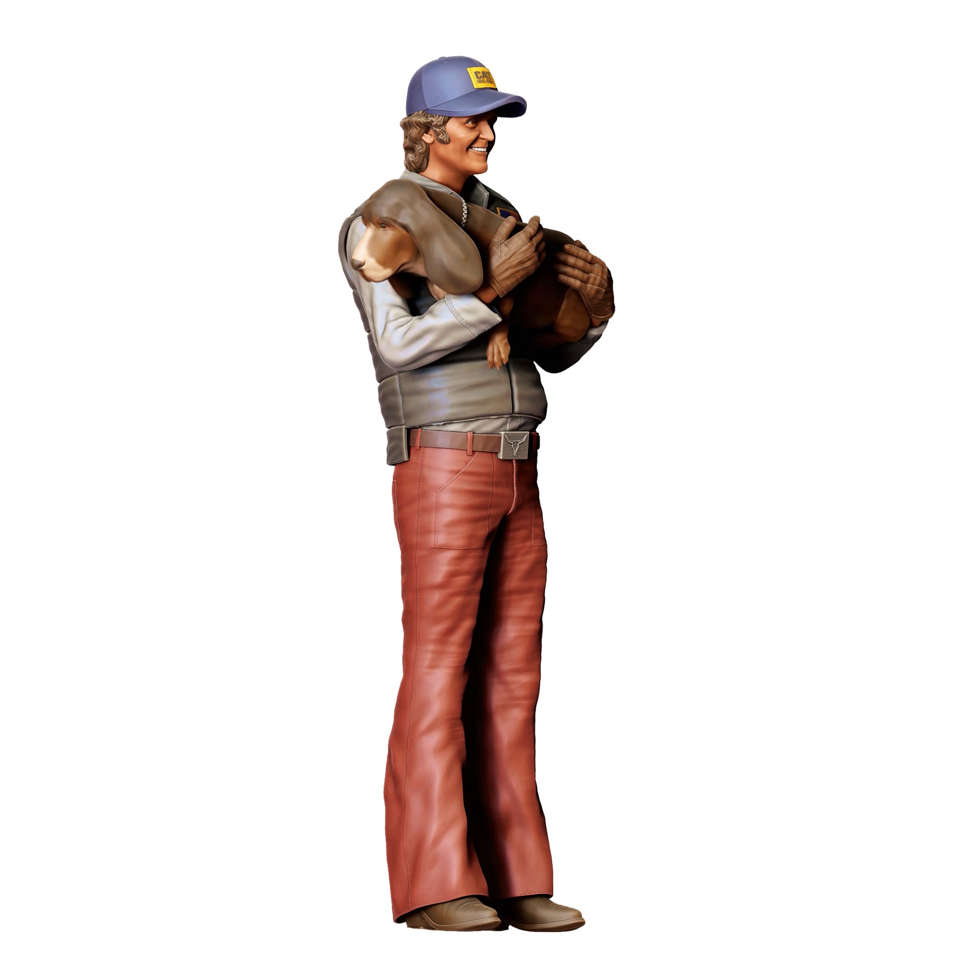 Model dioramy zdjęcie produktu 0: Mężczyzna z psem na ręku – figura w odzieży roboczej z czapką z daszkiem (Nr ref. 401)