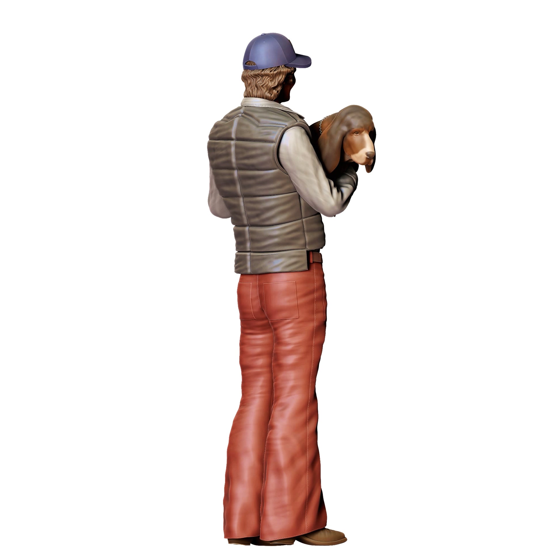 Model dioramy zdjęcie produktu 0: Mężczyzna z psem na ręku – figura w odzieży roboczej z czapką z daszkiem (Nr ref. 401)