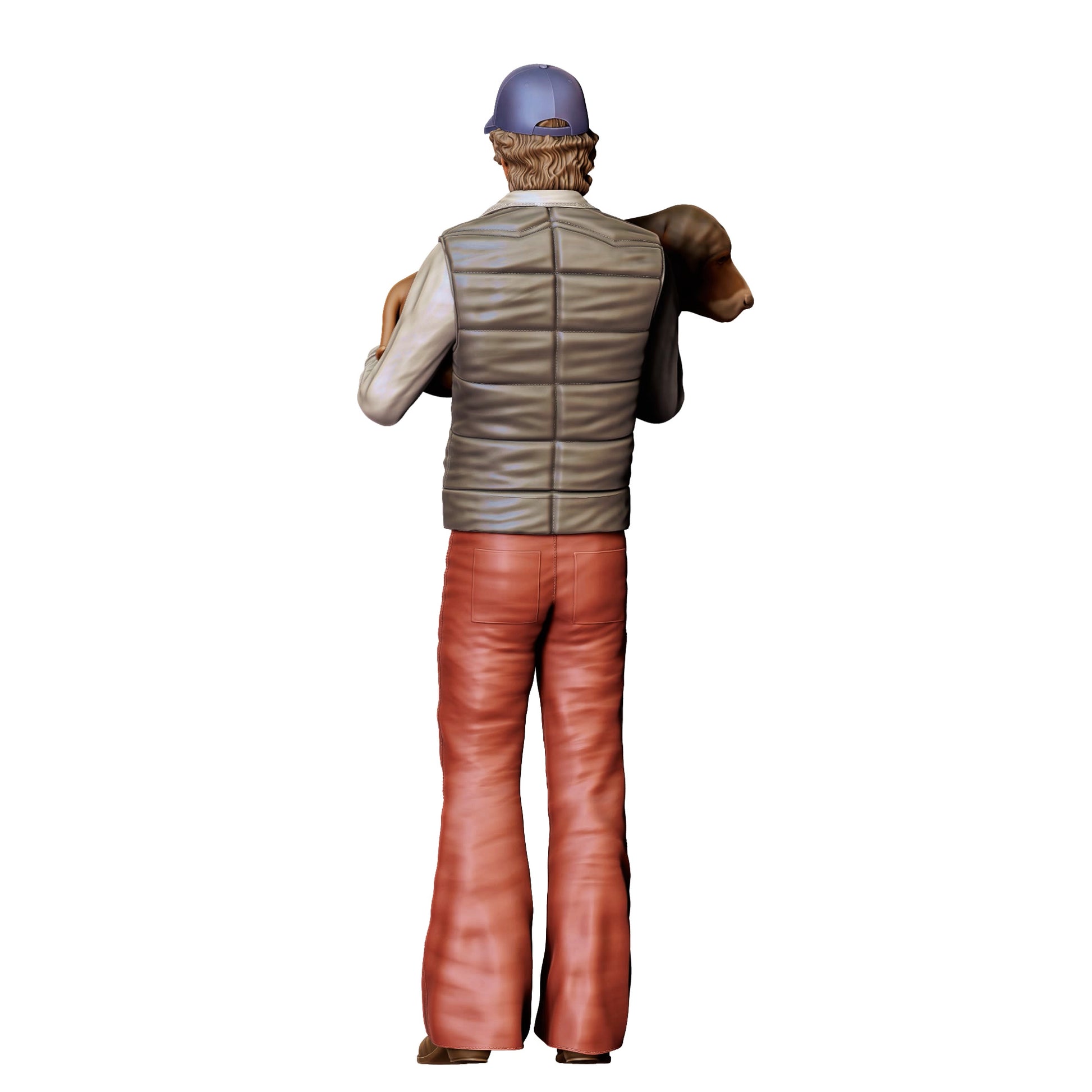 Model dioramy zdjęcie produktu 0: Mężczyzna z psem na ręku – figura w odzieży roboczej z czapką z daszkiem (Nr ref. 401)