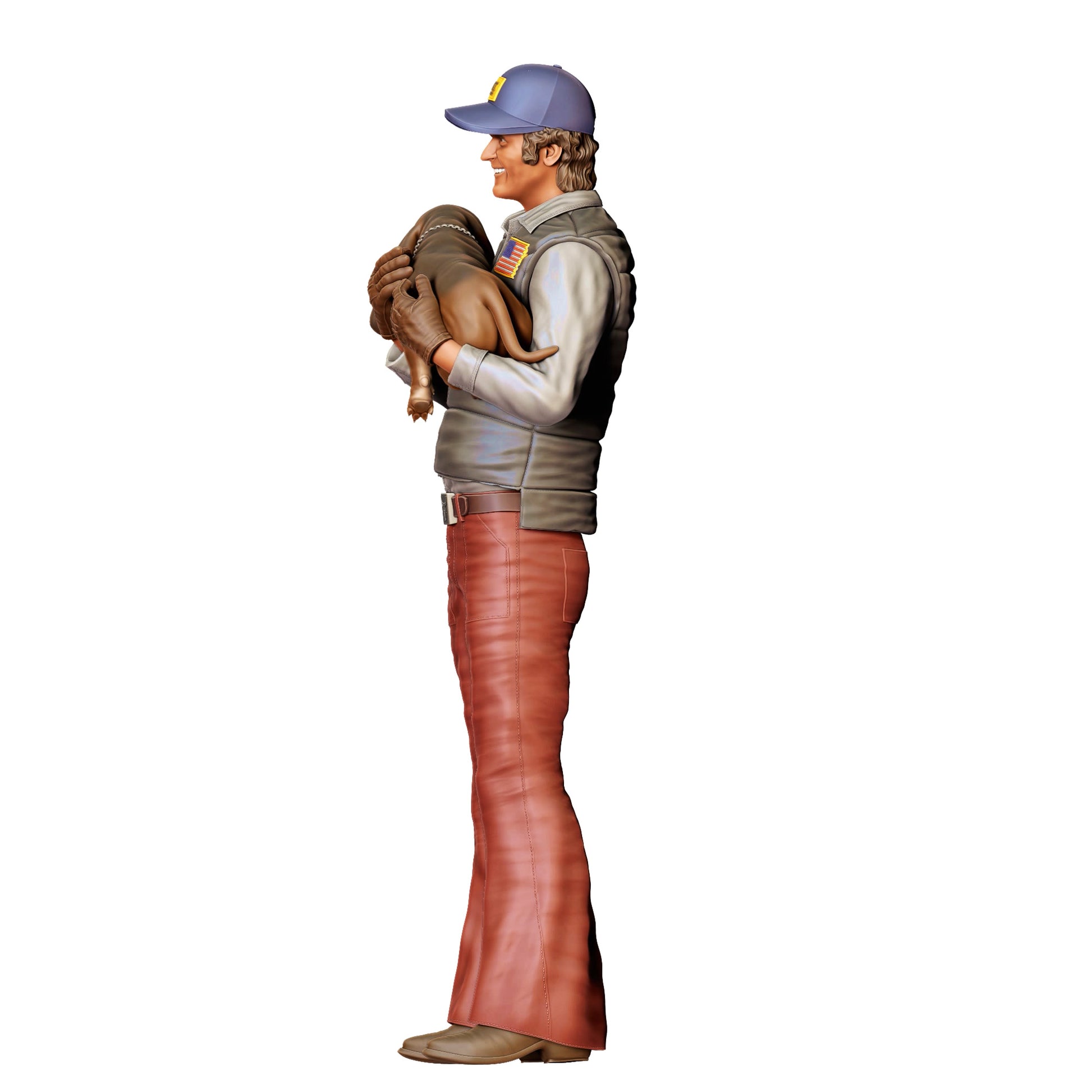 Model dioramy zdjęcie produktu 0: Mężczyzna z psem na ręku – figura w odzieży roboczej z czapką z daszkiem (Nr ref. 401)