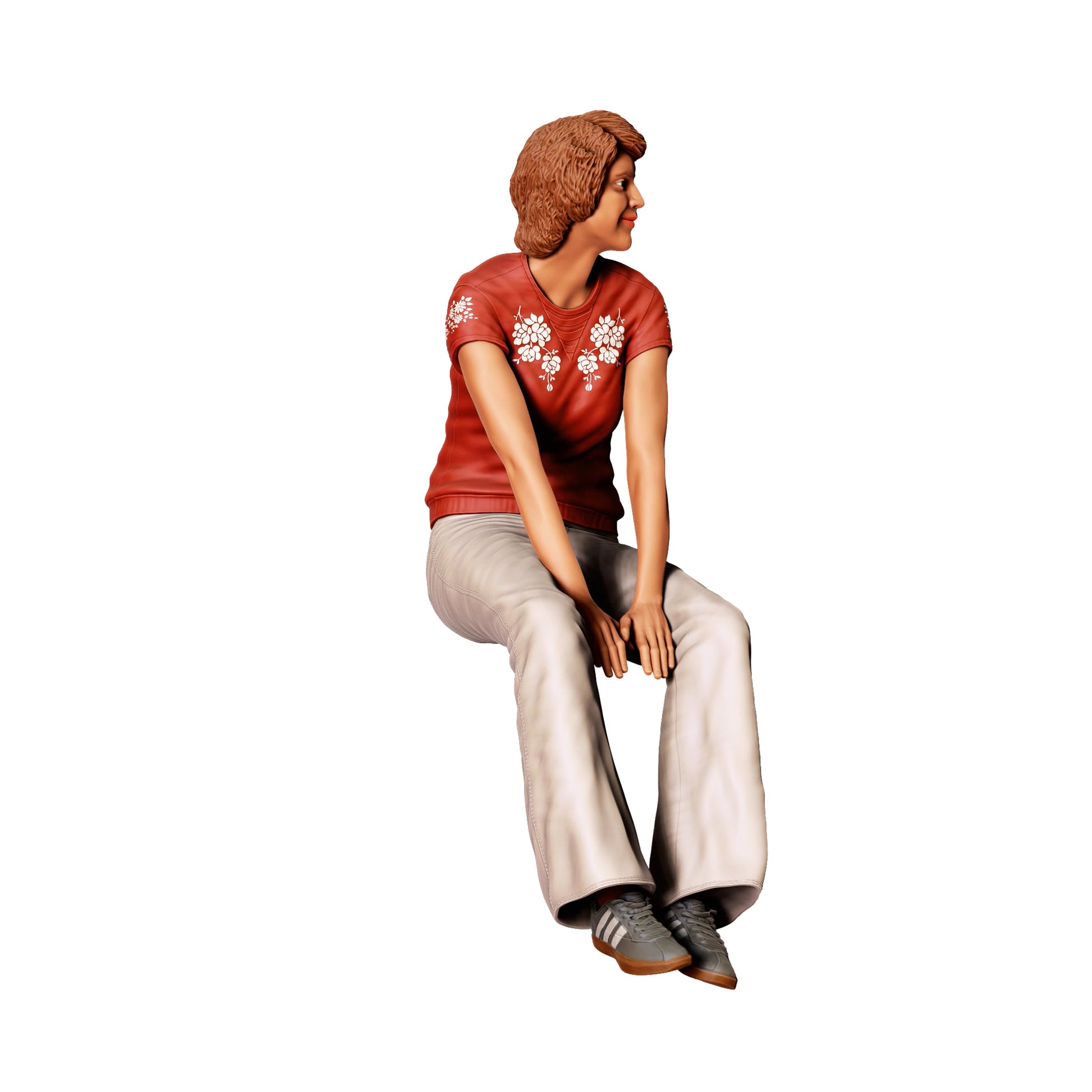 Diorama Modellbau Produktfoto 0: Sitzende Frau mit Blumen-Shirt – Figur in legerer Freizeitkleidung (Ref. Nr. 438)