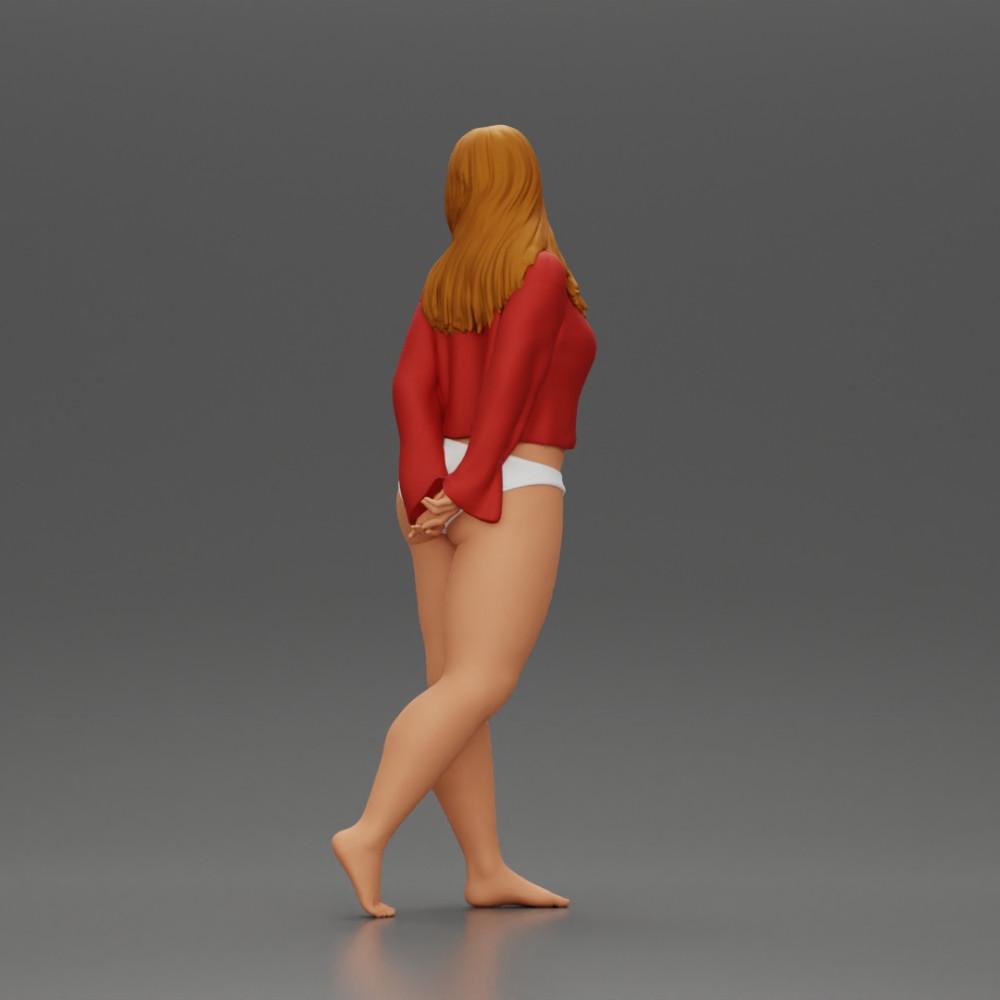 Foto do produto de modelismo de diorama 4: Figura feminina em miniatura para diorama, biquíni e camiseta de manga longa, mãos para trás (Ref Nr. A53)