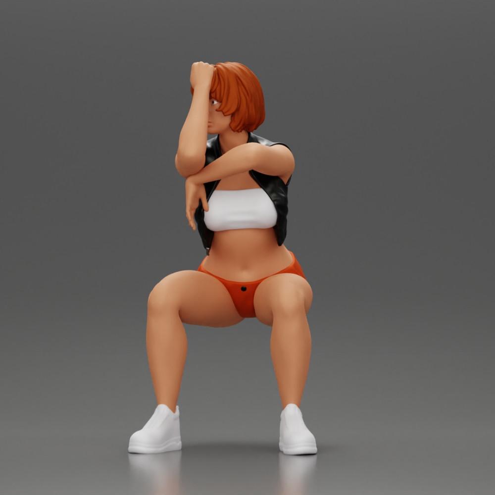 Diorama Modellbau prodotto foto 5: Miniatura seduta: Donna con giacca di pelle corta, top, pantaloni corti e sneakers (Ref Nr. A61)
