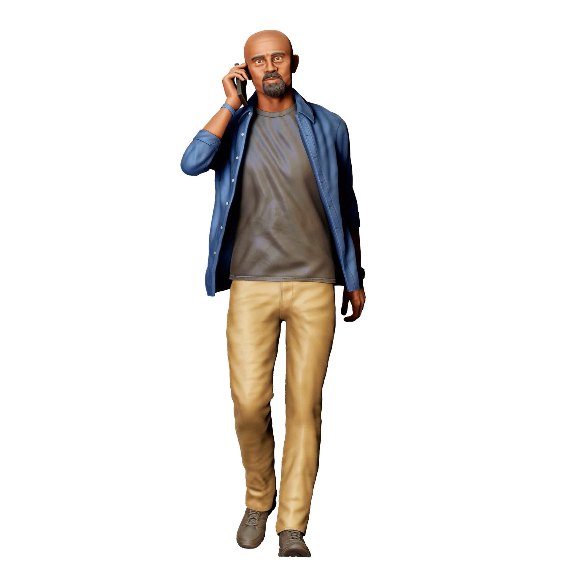 Diorama model building product photo 0: Bald man with mobile phone – figure in motion wearing casual shirt (Ref. No. 422)