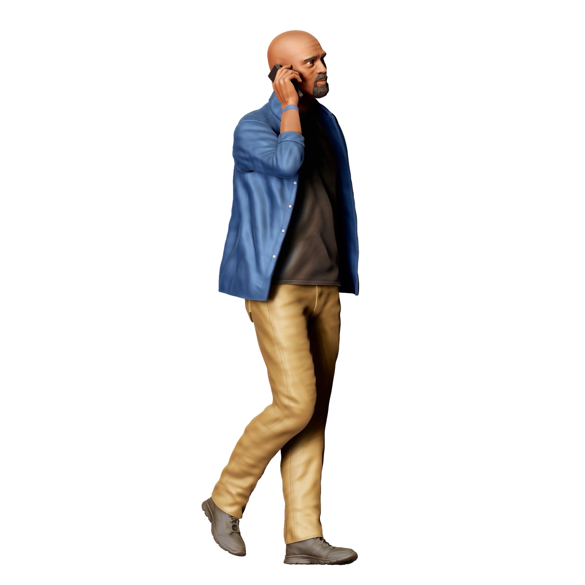 Diorama model building product photo 0: Bald man with mobile phone – figure in motion wearing casual shirt (Ref. No. 422)