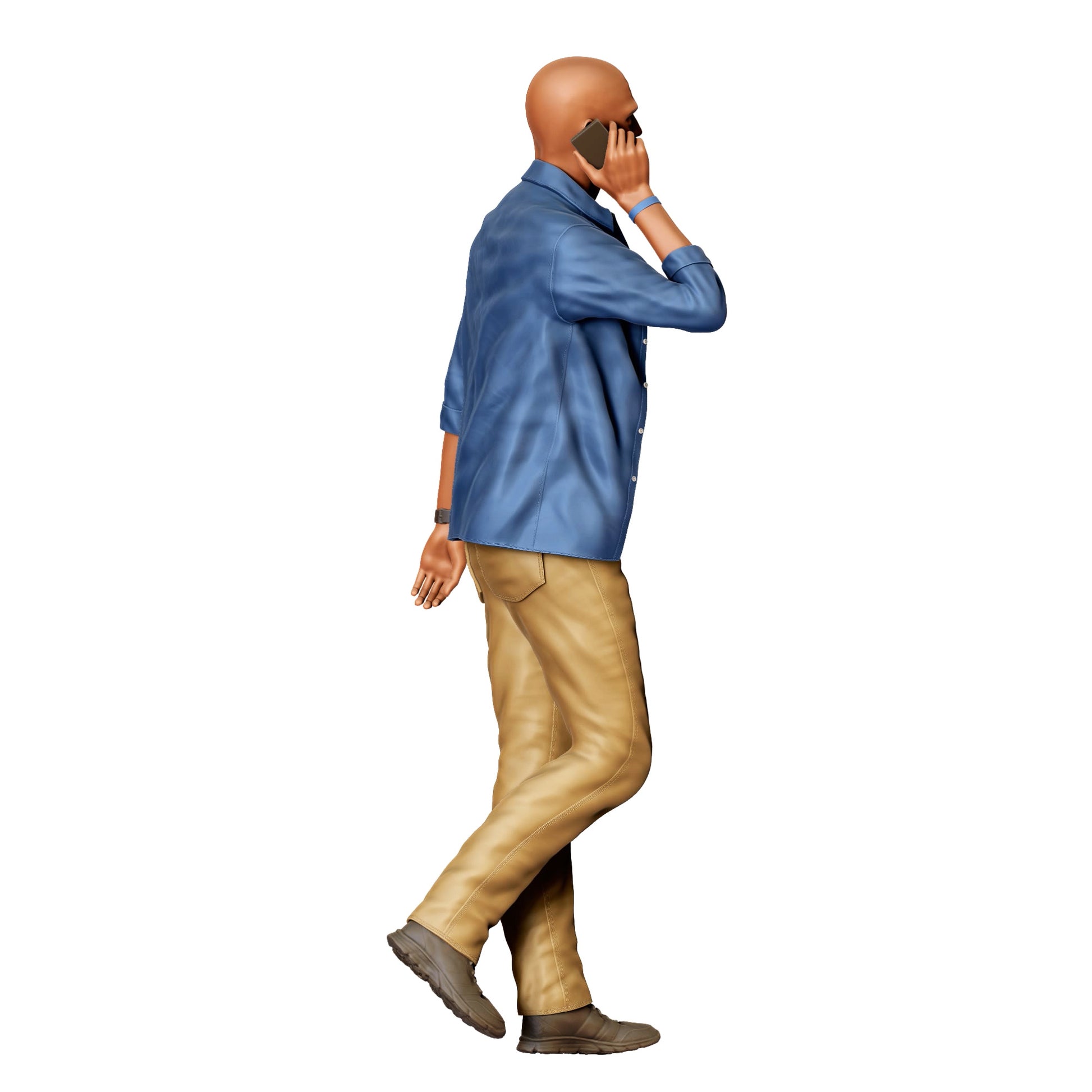 Diorama model building product photo 0: Bald man with mobile phone – figure in motion wearing casual shirt (Ref. No. 422)