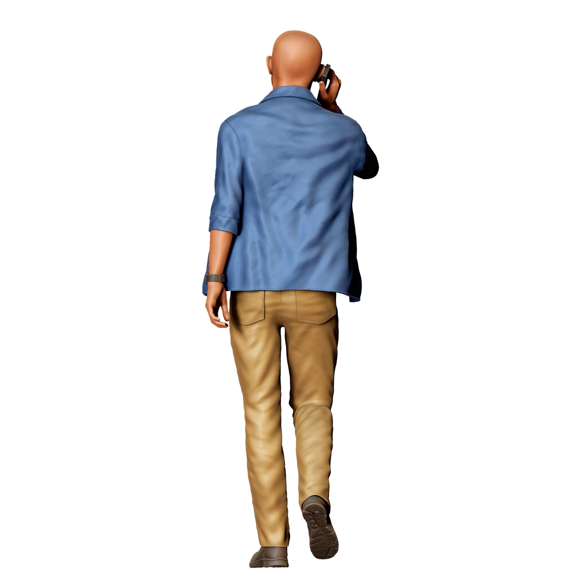 Diorama model building product photo 0: Bald man with mobile phone – figure in motion wearing casual shirt (Ref. No. 422)