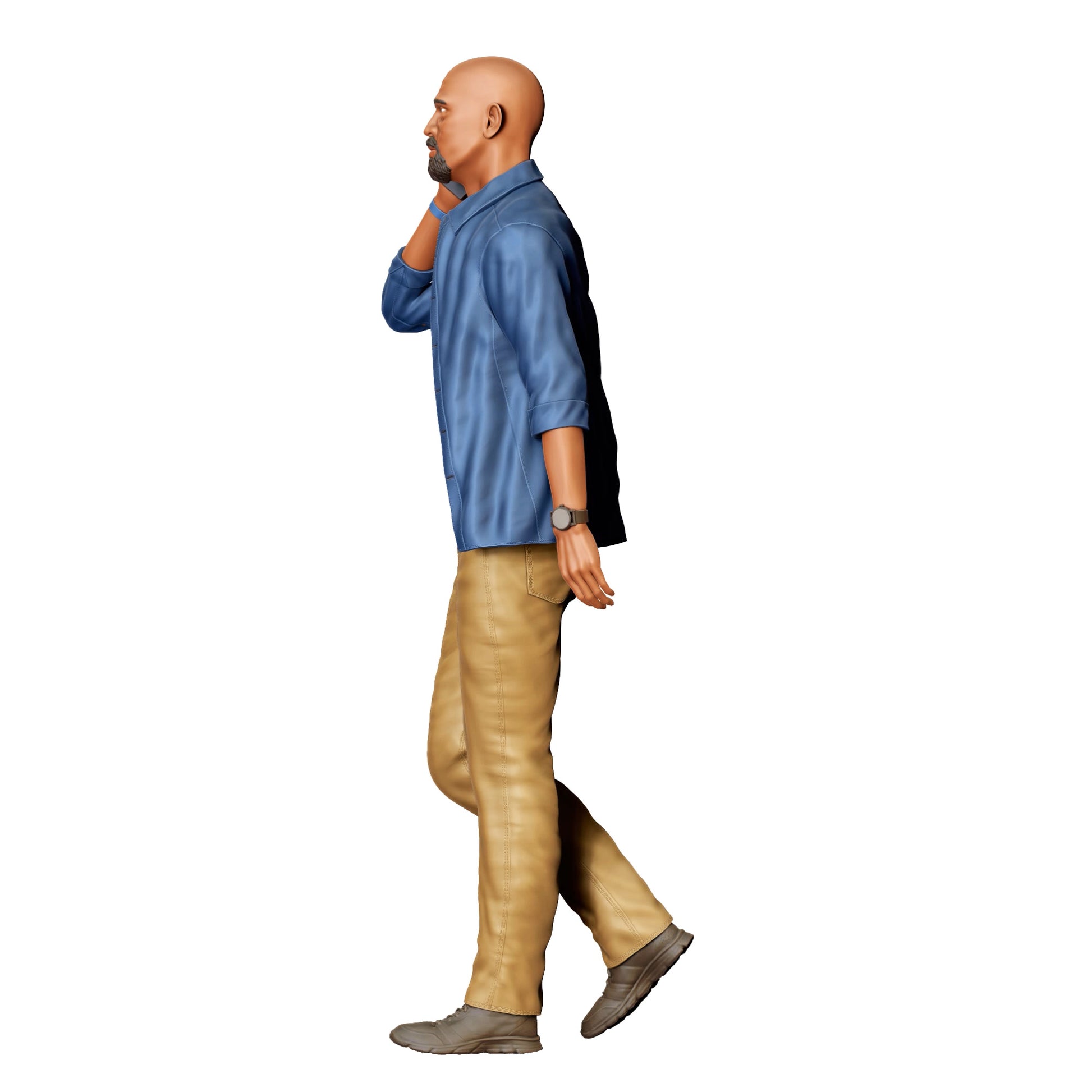 Diorama model building product photo 0: Bald man with mobile phone – figure in motion wearing casual shirt (Ref. No. 422)