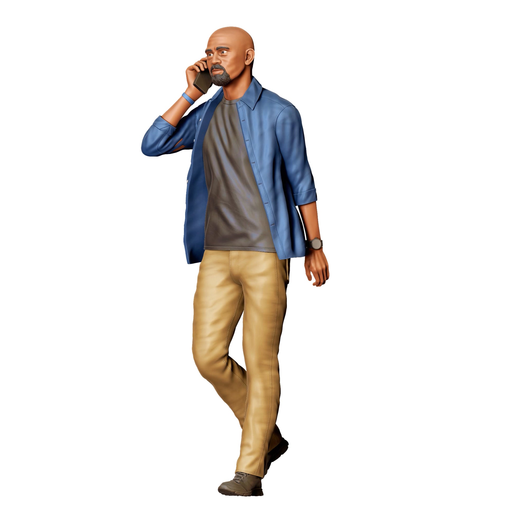 Diorama model building product photo 0: Bald man with mobile phone – figure in motion wearing casual shirt (Ref. No. 422)