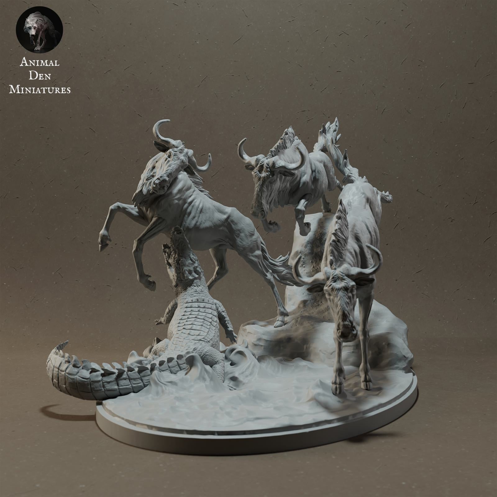 Zdjęcie produktu Figurki zwierzęcia Diorama, Modelarstwo: 0: Figurki zwierząt sawanny: Gnu podczas przekraczania rzeki z krokodylem nilowym (Ref 01_01_41)