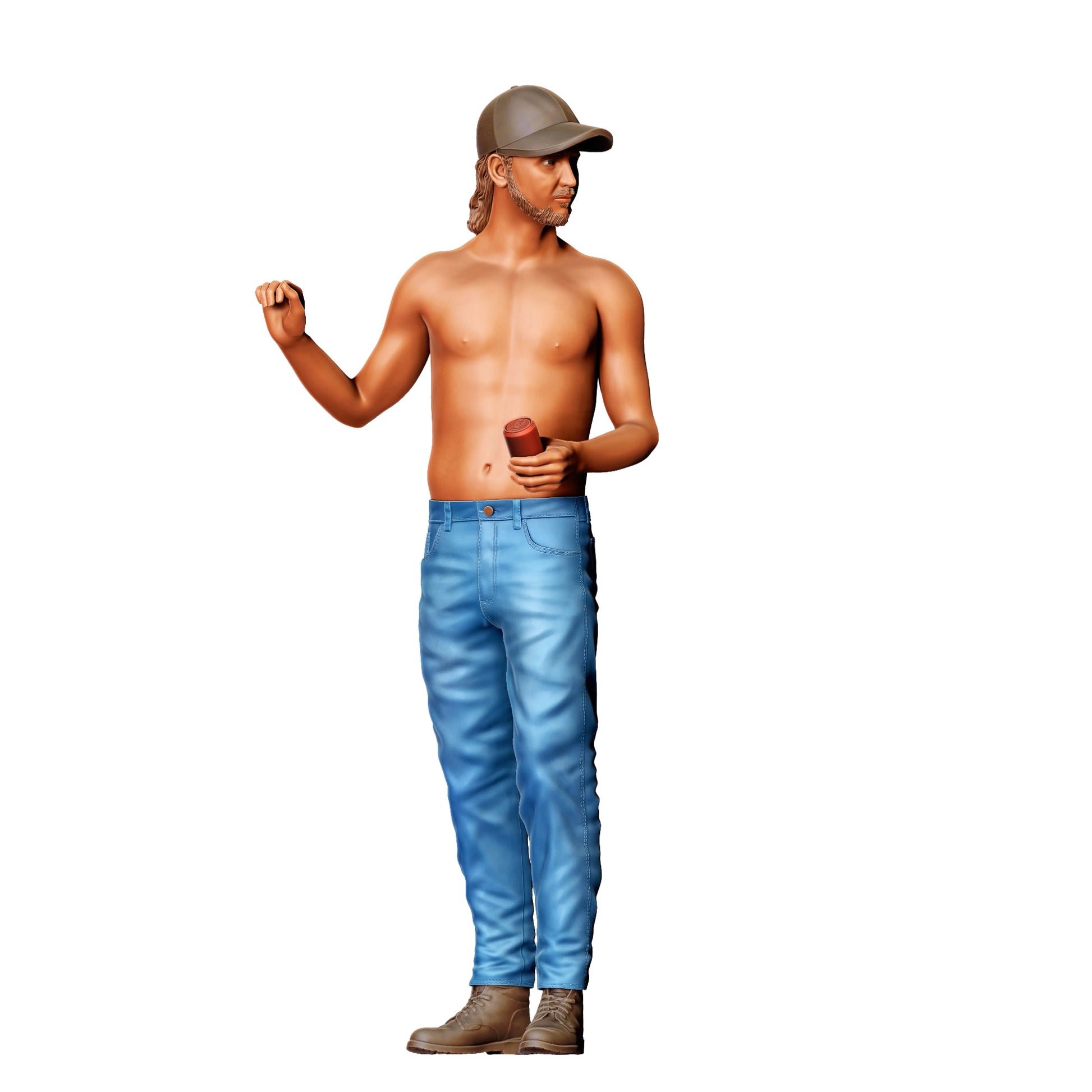 Diorama Modellbau Produktfoto 0: Oberkörperfreier Mann mit Cap – Figur mit Getränk in der Hand (Ref. Nr. 439)