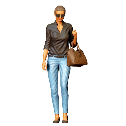 Woman with sunglasses and handbag – figure in jeans and leather jacket (Ref. No. 423)