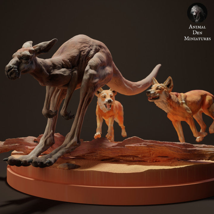 Φωτογραφία προϊόντος φιγούρας ζώου Animal Den Miniatures 2: Φιγούρα άγριου ζώου: Ντίνγκο κυνηγούν ένα κόκκινο γιγάντιο καγκουρό (23_04_09)