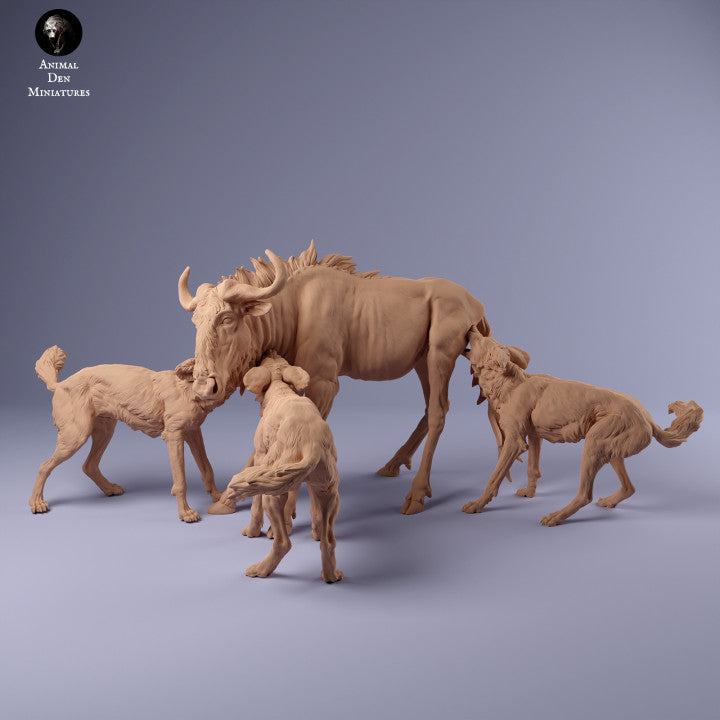Foto do produto Figura de Animal Diorama, Modelismo: 0: Cães Selvagens Africanos caçando Gnu: Animais da África