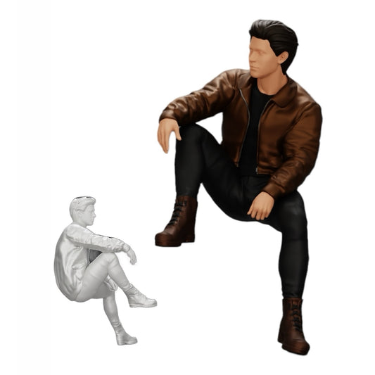 Foto de produto de diorama: jovem atraente e sonhador em jaqueta de couro sentado (Ref Nr. A7)