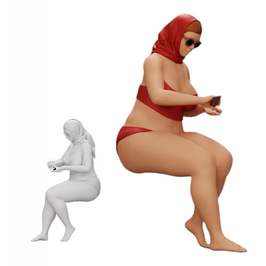 Diorama modelářství produktová fotografie 0: Sexy žena v bikinách a slunečních brýlích s opalovacím krémem na pláži (Ref č. A9)