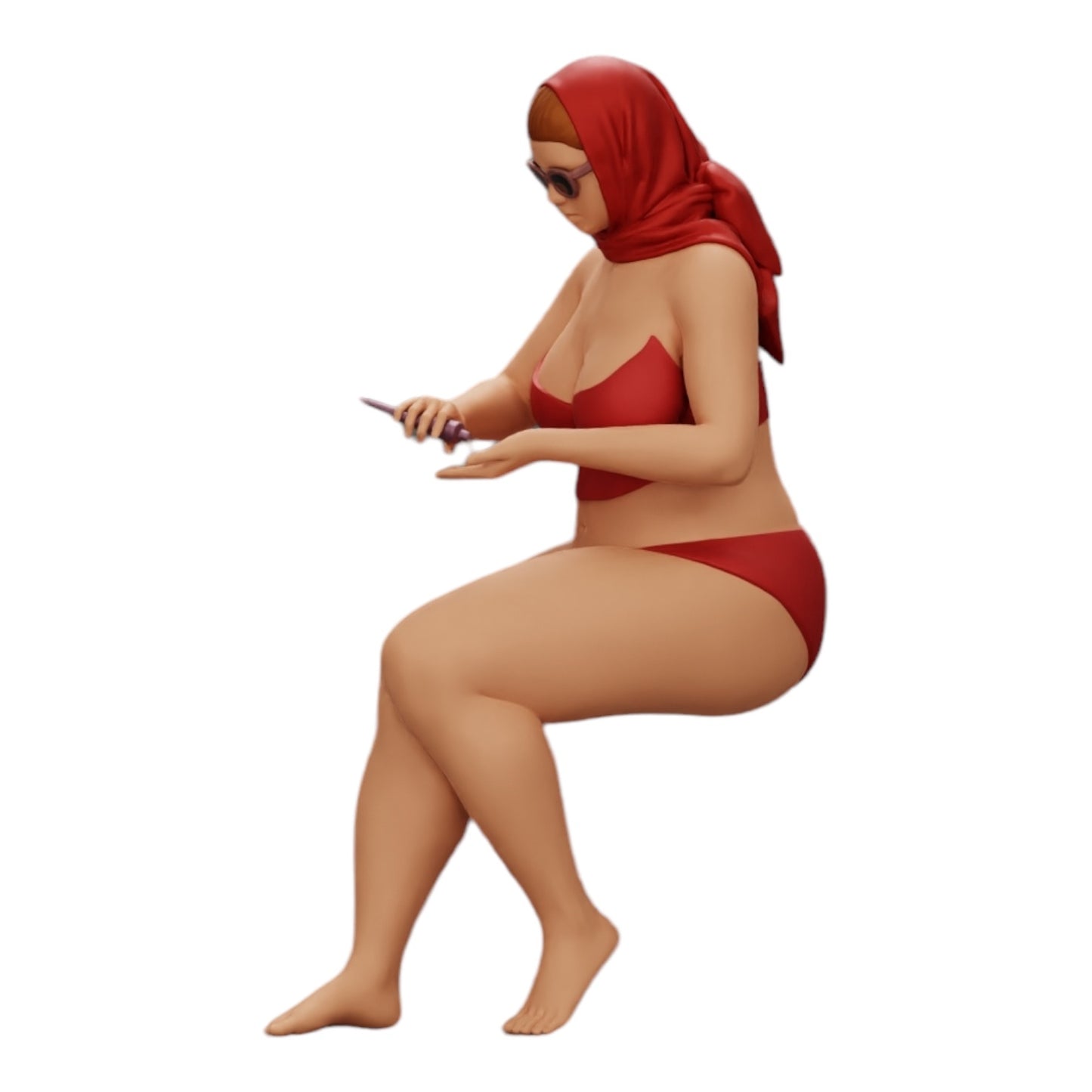 Diorama modelářství produktová fotografie 0: Sexy žena v bikinách a slunečních brýlích s opalovacím krémem na pláži (Ref č. A9)