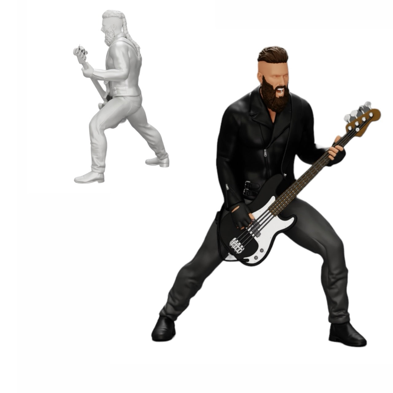 Modelo de diorama foto de produto 0: Rockstar a tocar guitarra baixo com jaqueta de couro, cabelo comprido e barba (Ref Nr. A12)