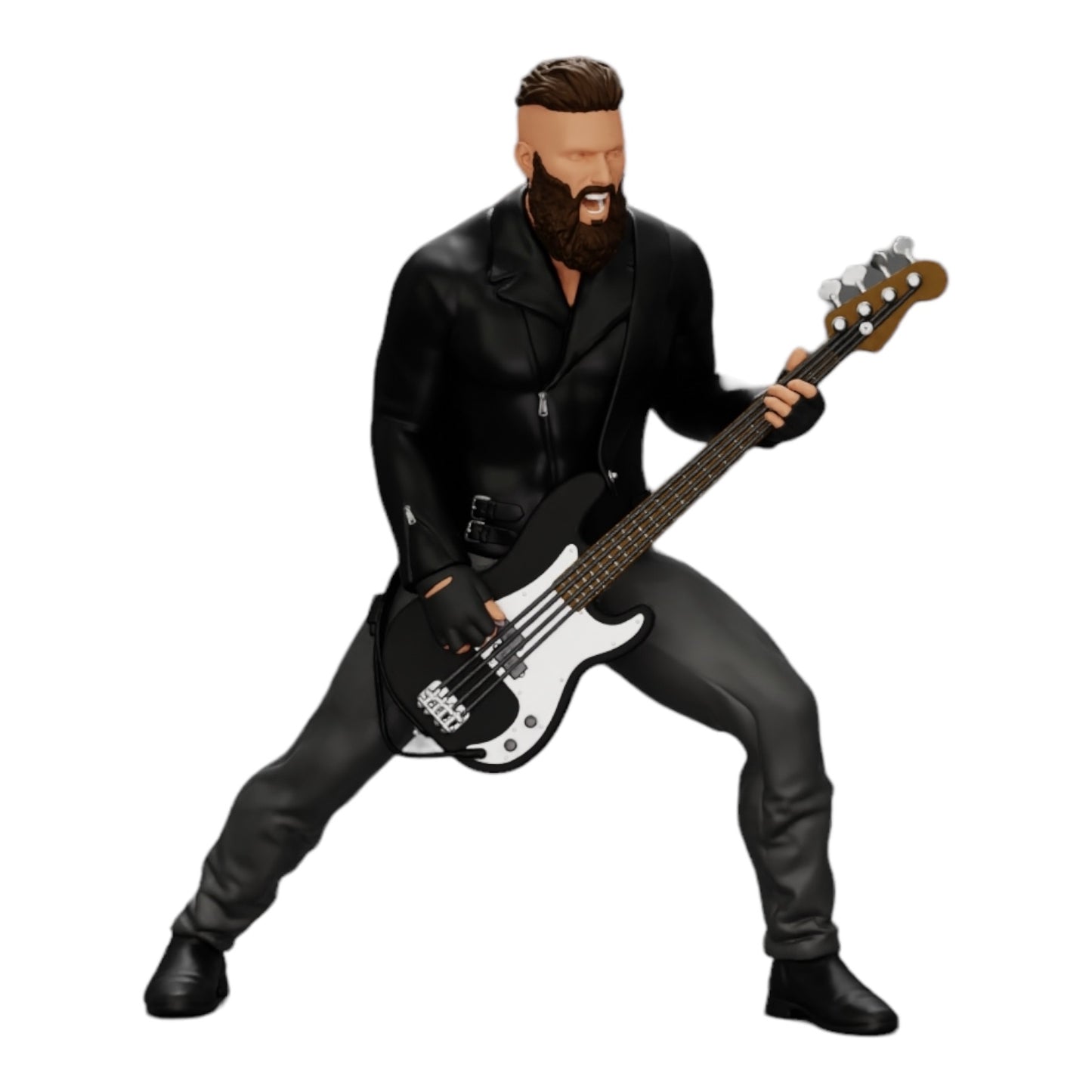 Modelo de diorama foto de produto 0: Rockstar a tocar guitarra baixo com jaqueta de couro, cabelo comprido e barba (Ref Nr. A12)