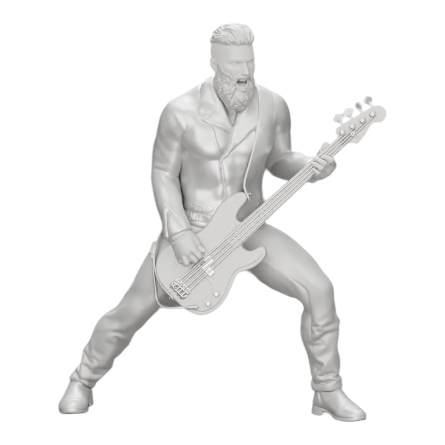 Modelo de diorama foto de produto 0: Rockstar a tocar guitarra baixo com jaqueta de couro, cabelo comprido e barba (Ref Nr. A12)