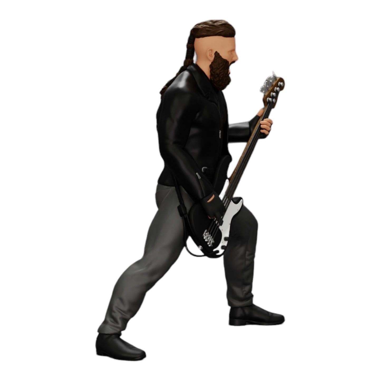 Modelo de diorama foto de produto 0: Rockstar a tocar guitarra baixo com jaqueta de couro, cabelo comprido e barba (Ref Nr. A12)