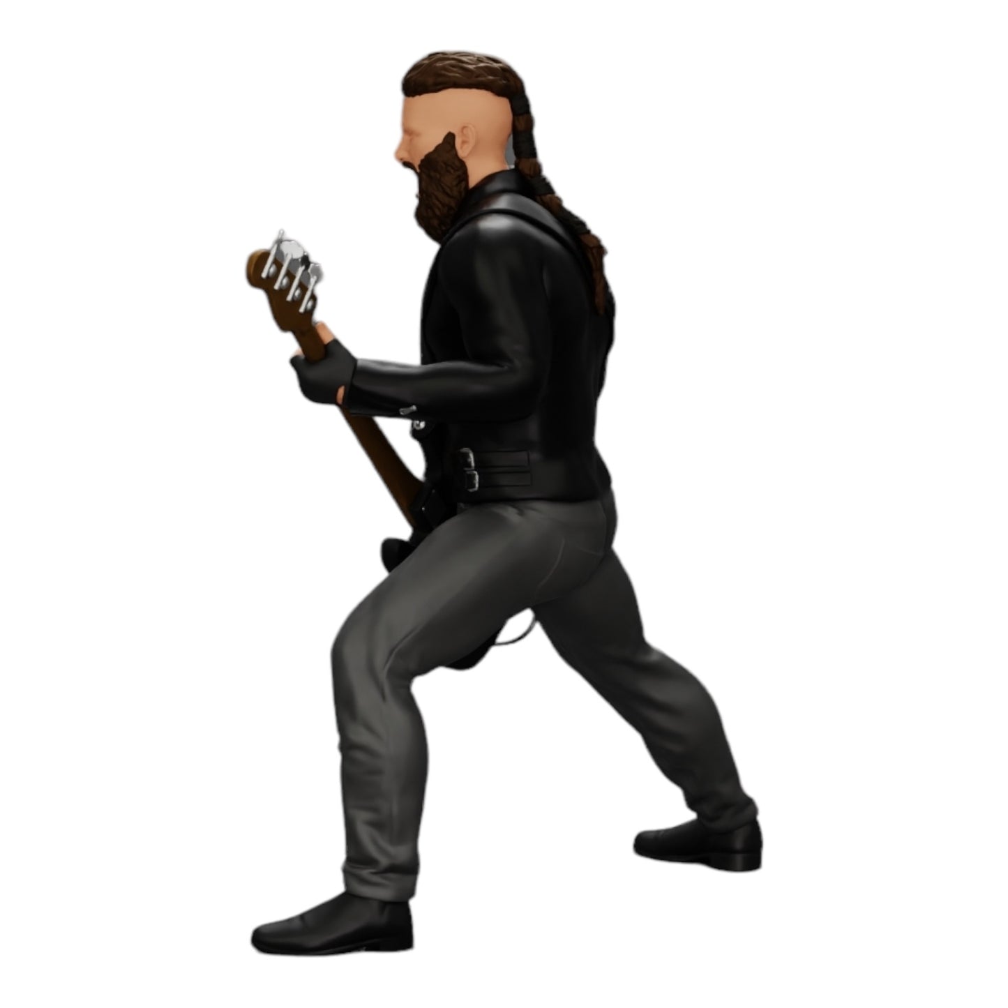 Modelo de diorama foto de produto 0: Rockstar a tocar guitarra baixo com jaqueta de couro, cabelo comprido e barba (Ref Nr. A12)