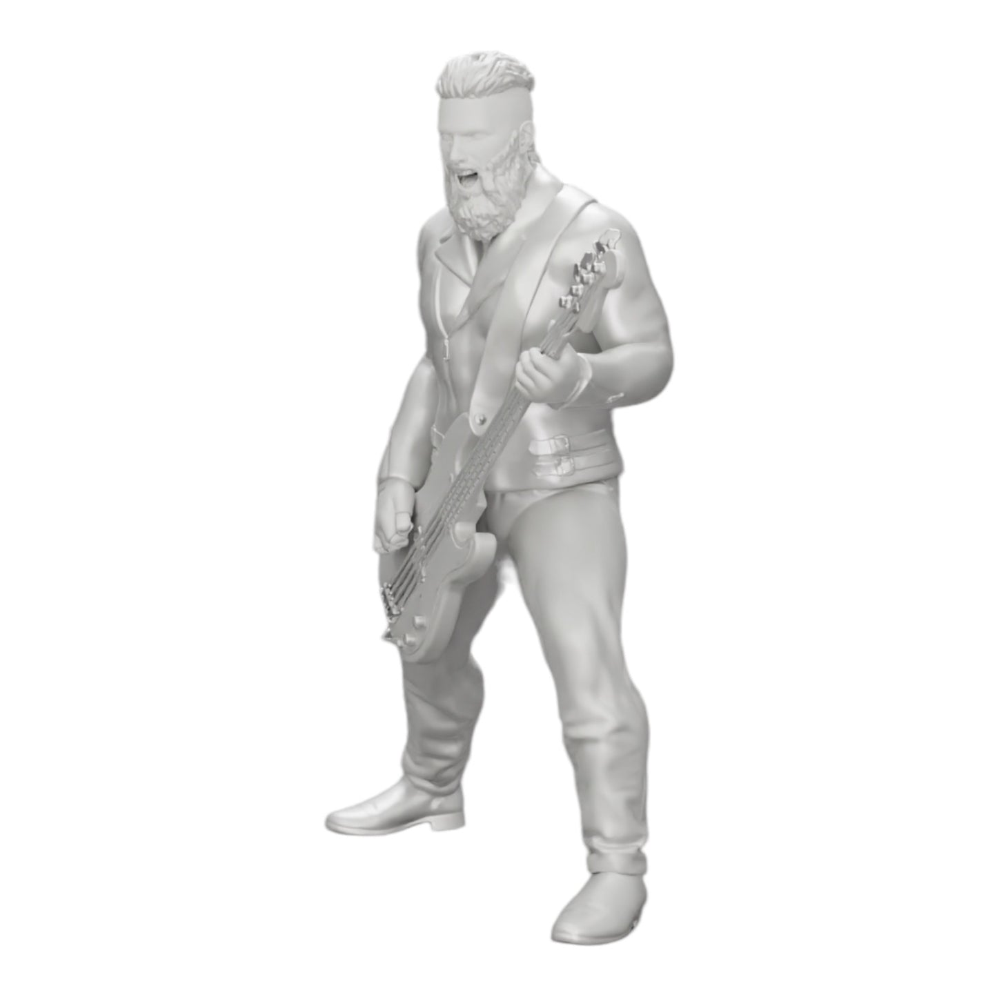 Modelo de diorama foto de produto 0: Rockstar a tocar guitarra baixo com jaqueta de couro, cabelo comprido e barba (Ref Nr. A12)