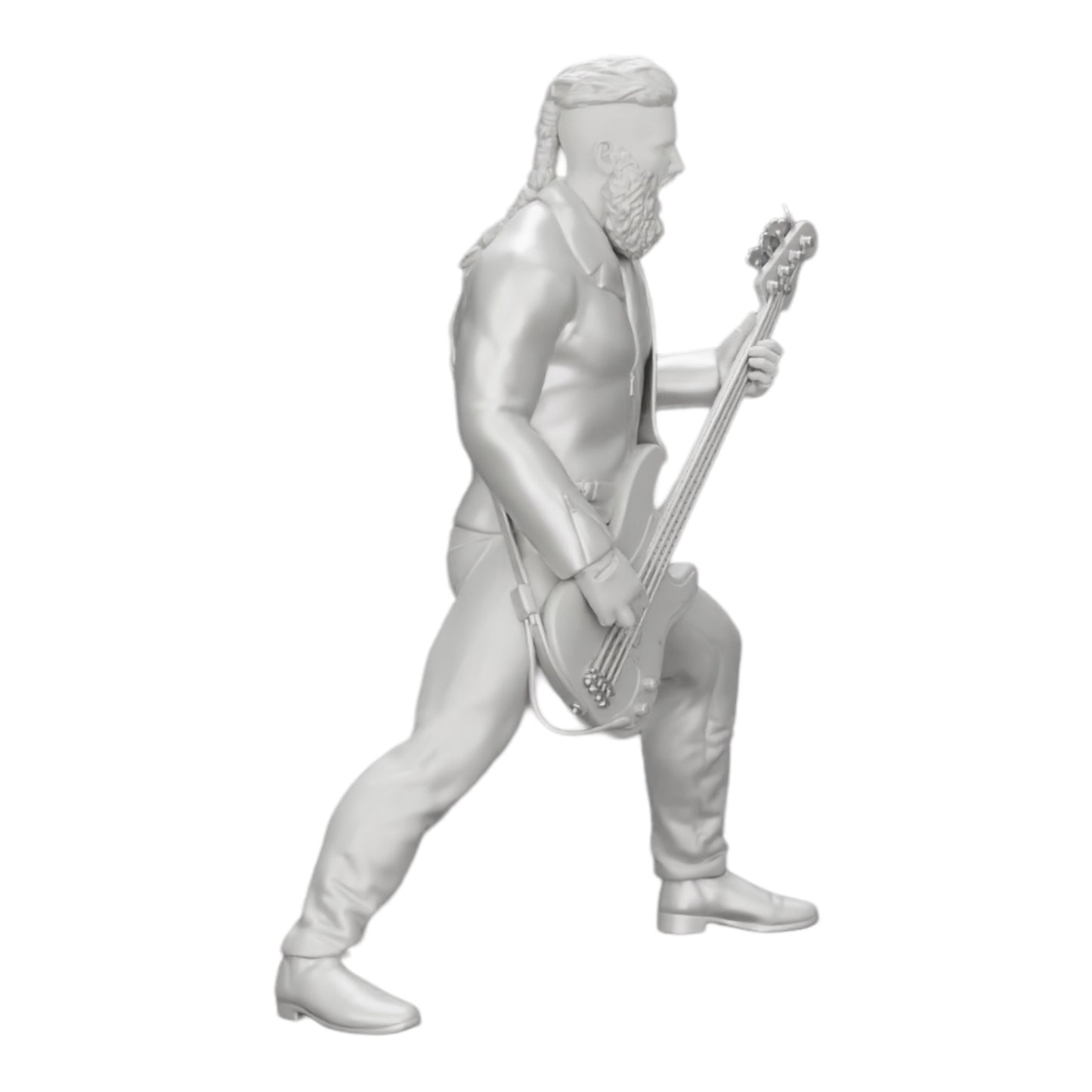 Modelo de diorama foto de produto 0: Rockstar a tocar guitarra baixo com jaqueta de couro, cabelo comprido e barba (Ref Nr. A12)