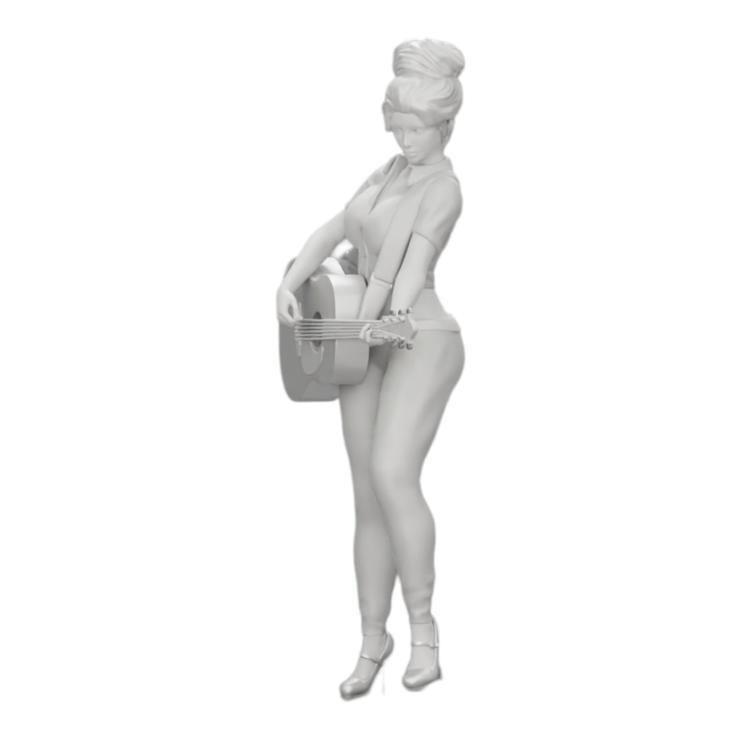 Diorama modelářství produktová fotografie 0: Mladá žena/ hudebnice na pódiu hraje na akustickou kytaru (Ref č. A13)