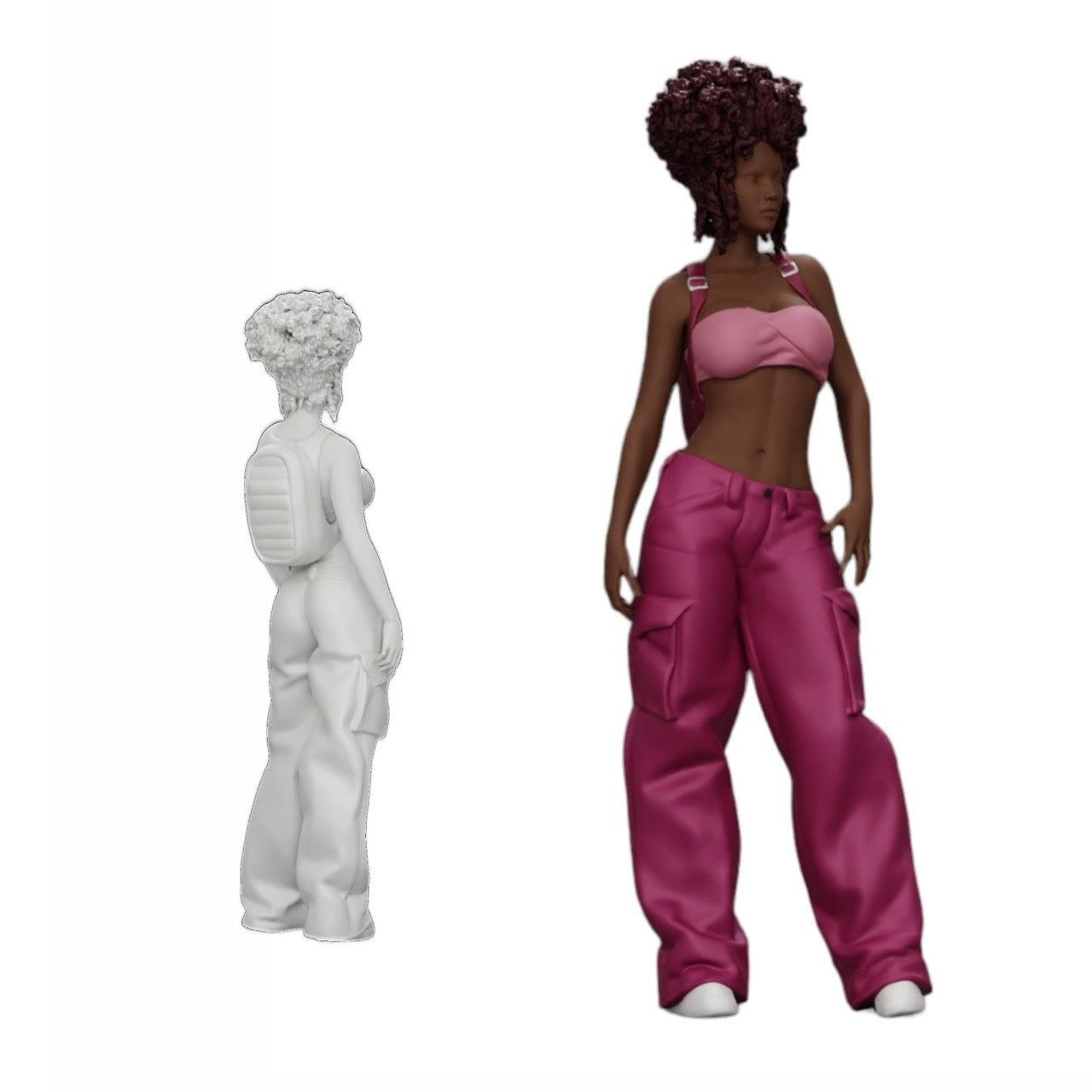 Diorama model building product photo 0: Woman in hip-hop style with bra and mini backpack with curly hair (Ref No. A15)